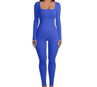 KBOPLEMQ Mono de entrenamiento deportivo para mujer, largo, ajustado, para yoga, bodysuits acanalado, de manga larga, bodycon, azul, L