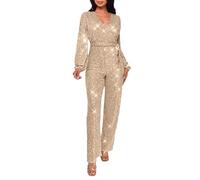 KBOPLEMQ - Mono de mujer con lentejuelas, manga larga, cuello en V, brillante, holgado, para fiesta, ropa de club, mono largo de noche, elegante, con cinturón, dorado, L
