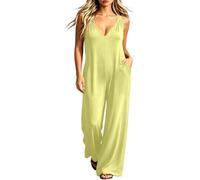 KBOPLEMQ Mono de verano para mujer, holgado, sin mangas, con cuello en V, sexy, holgado, largo, de pierna ancha, monocolor, informal, con bolsillos grandes, O amarillo., M