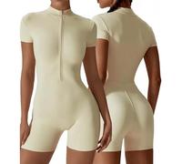 KBOPLEMQ Mono deportivo para mujer, corto, ajustado, de yoga, 1/2 cremallera, suave, elástico, mono de una pieza, bodycon de manga corta, chándal, mameluco para yoga, fitness, body, beige, S
