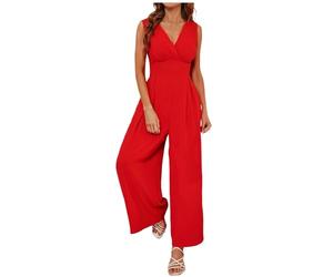KBOPLEMQ - Mono elegante para mujer, cuello en V, para novia, dama de honor, fiesta, atuendo casual, ajuste delgado, mono largo, moda, cómodo, para negocios, traje de playa, O rojo., M