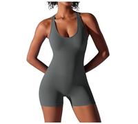 KBOPLEMQ Mono para mujer, sin mangas, con correa de espagueti, cuadrada, acolchada, sin espalda, yoga, sexy, elástico, de cuerpo entero, de una pieza, corto, ajustado, para deporte, bodi, O gris