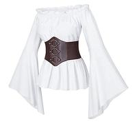 KBOPLEMQ Mujer Renacimiento Victorian Farmers Volantes Cintura smocked Camisa Pirata Camisa Blusa Larga Manga Campana Blusa Hombro Sin Hombro Gótico Victoriano Campesino Campesino Volantes Corsé