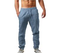 KBOPLEMQ Pantalones de lino para jóvenes, transpirables, lisos, ligeros, cómodos, de verano, mitologías nórdicas, pantalones de ocio con cordón, bolsillos, pantalones informales de playa, O Azul