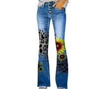 KBOPLEMQ Pantalones vaqueros de percusión para mujer, elegantes, elásticos, ajustados, con estampado de flores, pierna ancha, informales, holgados, acampanados, de cintura alta, con bolsillo, azul, S