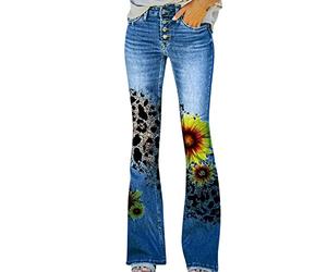 KBOPLEMQ Pantalones vaqueros de percusión para mujer, elegantes, elásticos, ajustados, con estampado de flores, pierna ancha, informales, holgados, acampanados, de cintura alta, con bolsillo, azul, S