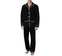 KBOPLEMQ Pijama largo para hombre, conjunto de pijama, satén y seda, manga larga, ropa de dormir con cuello redondo, camiseta y pantalón monocolor, ropa de dormir suave de dos piezas, O negro., 3XL