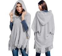 KBOPLEMQ Poncho para mujer, lana de punto, cachemira, retro, bufanda, bufanda de invierno, ligera, estola, poncho, Navidad, exterior, suéter tradicional, cálido, elegante, con capucha, O Gray2, Talla