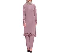 KBOPLEMQ Ropa musulmana mujer islámica manga larga Hollow Out Oriente Medio árabe ropa de oración para mujeres encaje largo top + pantalones 2 piezas traje de ramadán 2 piezas ropa islámica, O rosa.,