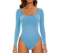 KBOPLEMQ Shapewear - Body de manga larga para mujer, body de manga larga, body sexy para mujer, body estrecho, elegante, camiseta de manga larga para mujer, sexy, cuello cuadrado, azul claro, S