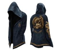 KBOPLEMQ Sudadera con capucha vikinga para hombre, longitud media, otoño, chaqueta con capucha, disfraz de cosplay, mito nórdico, capas cálidas, chaqueta de invierno, guerrero, cuervo, capa con