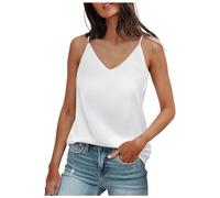 KBOPLEMQ Top de satén para mujer, de encaje, holgada, espagueti, suave, cómoda, monocolor, elegante, con cuello en V, con tirantes, elegante, para verano, camiseta de encaje, O blanco., L