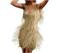 KBOPLEMQ Vestido de noche de la década de 1920 para mujer, vestido de cóctel festivo, vestido de fiesta de fin de año, vestido sexy con lentejuelas doradas, vestido negro con flecos, sin mangas