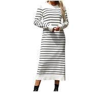 KBOPLEMQ Vestido de punto para mujer, largo, con estampado de rayas, túnica, vestido cruzado, largo, de invierno, sexy, bodycon, suéter, elegante, de manga larga, jersey, vestido de punto, de rodilla