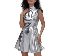 KBOPLEMQ Vestido metálico con purpurina para mujer, sin mangas, aspecto mojado, disfraz de alien, holográfico, metálico, brillante, minivestido de fiesta, carnaval, Navidad, cosplay, clubwear