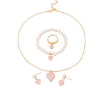 KBRPEY 4 Piezas Conjunto Joyas Corazón Perlas Elegante Collar Pulsera Anillo Pendientes Mujer Accesorios Románticos Delicados Conjunto Completo Joyas