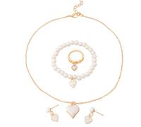 KBRPEY 4 Piezas Conjunto Joyas Corazón Perlas Elegante Collar Pulsera Anillo Pendientes Mujer Accesorios Románticos Delicados Conjunto Completo Joyas