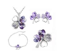 KBRPEY 4 Piezas Conjunto Joyería Trébol Cristal Brillante Collar Pendientes Pulsera Anillo Adornos Mujer Accesorios Elegantes