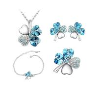 KBRPEY 4 Piezas Conjunto Joyería Trébol Cristal Brillante Collar Pendientes Pulsera Anillo Adornos Mujer Accesorios Elegantes