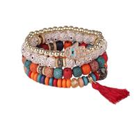 KBRPEY 4 Piezas Pulseras Bohemias Apilables Cuentas Multicolores Hamsa Borla Brazaletes Elásticos Conjunto Mujer Joyería Artesanal