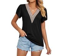 KBRPEY Blusa Mujer Camiseta Manga Corta Cuello V con Encaje Elegante Top Verano Casual Blusas Moda Basica Suelta Camisetas Ropa para Diario Oficina