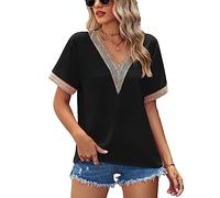 KBRPEY Blusa Mujer Elegante Camiseta Manga Corta Cuello V con Encaje Decorativo Top Verano Casual Blusas para Mujer Ropa Moda Boho Primavera Basica
