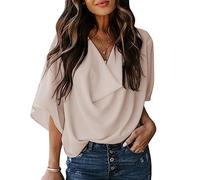 KBRPEY Blusa Mujer Elegante Drapeada Cuello V Camiseta Manga Corta Verano Top Casual Chiffon Blusas Moda Primavera Ropa Basica Oficina