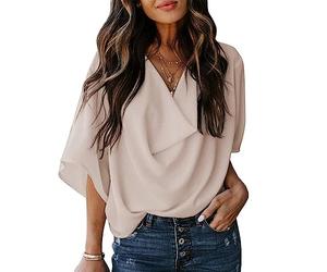 KBRPEY Blusa Mujer Elegante Drapeada Cuello V Camiseta Manga Corta Verano Top Casual Chiffon Blusas Moda Primavera Ropa Basica Oficina