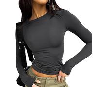 KBRPEY Camiseta Sexy de Mujer de Manga Larga Sexy Y2k Camisetas Cuello Redondo Crop Top Casual Tshirt Color Sólido Camisa Adelgazantes Tops Camisa Pullover para Chica Primavera