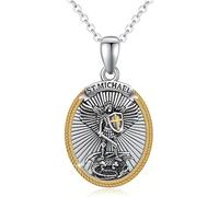 KBRPEY Colgante Medalla Ovalada Arcángel Miguel Espada Guerrero Celestial Amuleto Protección Bicolor Plata Dorado Joyería Religiosa Masculina