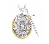 KBRPEY Colgante Medalla Ovalada Arcángel Miguel Espada Guerrero Celestial Amuleto Protección Bicolor Plata Dorado Joyería Religiosa Masculina