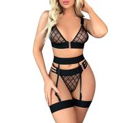 KBRPEY Conjunto de Lencería Sexy para Mujer Transparente Encaje Babydoll Sujetador y Tanga Cintura Alta Bikini Ropa Interior con Bandas para Piernas Cinturón