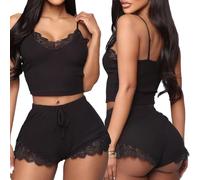 KBRPEY Conjunto de Pijama Mujer Tirantes Encaje Ribete Top Corto y Shorts Ropa Dormir Cómoda Elegante Pijamas Sexy Verano Camisola Suave Satén Camisones