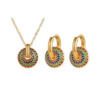 KBRPEY Conjunto Joyas Medallón Circular Mosaico Colorido Pendientes Collar Dorado Estilo Étnico Artesanal