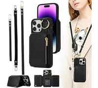 KBRPEY Funda Tipo Cartera Cruzada iPhone 16 Pro MAX Correa Ajustable Bolsillo Cremallera Protección Completa Anillo Metálico