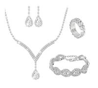 KBRPEY Joyas para Muje Conjunto de Joyería Nupcial de Plata Collar de Diamantes de Imitación Pulsera Anillo Pendientes Colgantes para Novia Cristal Boda Graduación Accesorios de Joyería (Plata)