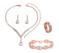 KBRPEY Joyas para Muje Conjunto de Joyería Nupcial de Plata Collar de Diamantes de Imitación Pulsera Anillo Pendientes Colgantes para Novia Cristal Boda Graduación Accesorios de Joyería (Oro rosa)