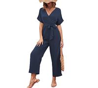 KBRPEY Mono para mujer Elegantes Manga Corta Pantalones Largos Escote en V Profundo Casual Mono Informal Suelto Verano Vestido de Ceremonia Cóctel con Cinturón