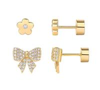 KBRPEY Pendientes de Botón Chapados en Oro 14K en Set de 2 Diseños de Flor y Lazo con Circonitas Joyería de Cobre Fino e Hipoalergénica para Mujer