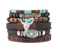 KBRPEY Pulsera de cuentas Multicapa Estilo Occidental Bohemio pulseras mujer Cabeza Toro Vintage Cuero Abalorios joyas de mujer Accesorios Country Retro (A)
