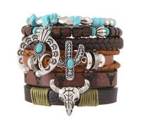 KBRPEY Pulsera de cuentas Multicapa Estilo Occidental Bohemio pulseras mujer Cabeza Toro Vintage Cuero Abalorios joyas de mujer Accesorios Country Retro (B)