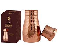 KC Botella de agua de cobre puro con diseño martillado, jarras de agua, jarra de dormitorio, jarra de noche con vaso/vidrio con tapa, con revestimiento lacqure, 1000 ml
