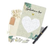 KCatsy Gutschein Puzzle Geburtstagskarte - Gutscheine zum selber ausfüllen Gutschein Geburtstag - Gutschein Verpackung Personalisierte Geschenke Idee mit Baumwollsäckchen Stift Geschenkanhänger