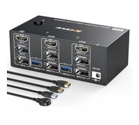 KCEVE KVM Switch 3 Monitores 2 PC, 8K@60Hz/4K @144Hz USB 3.0 KVM Conmutador HDMI + DisplayPort para 2 ordenadores, 3 pantallas y 4 dispositivos USB 3.0