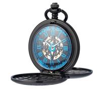 Kchss Reloj de bolsillo mecánico, para hombres y mujeres, Half Hunter, caja grabada doble abierta, patrón de dragón fénix, números romanos, negro