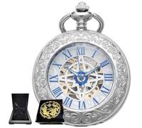 Kchss Reloj mecánico de bolsillo, para hombres y mujeres, lupa especial, medio cazador, caja grabada, números romanos con cadena, B-f. Brújula, plata, azul + caja de madera