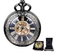 Kchss Reloj mecánico de bolsillo, para hombres y mujeres, lupa especial, medio cazador, caja grabada, números romanos con cadena, color negro