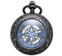 Kchss Reloj mecánico de bolsillo, para hombres y mujeres, lupa especial, medio cazador, caja grabada, números romanos con cadena, B-b. Brújula, negro, azul