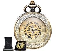 Kchss Reloj mecánico de bolsillo, para hombres y mujeres, lupa especial, medio cazador, caja grabada, números romanos con cadena, B-d. Brújula, bronce, oro + caja de madera