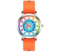 Kchss Reloj para niños, relojes analógicos para niños, astronauta para niños y niñas de 7 a 10, 8 a 12 años, herramienta de enseñanza de tiempo de aprendizaje, 14. Astronaut Colorful - Correa naranja